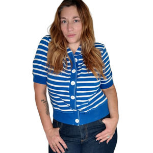 Blue & White Striped Hoodie  size Large 14 Liz & Co Short Sleeve